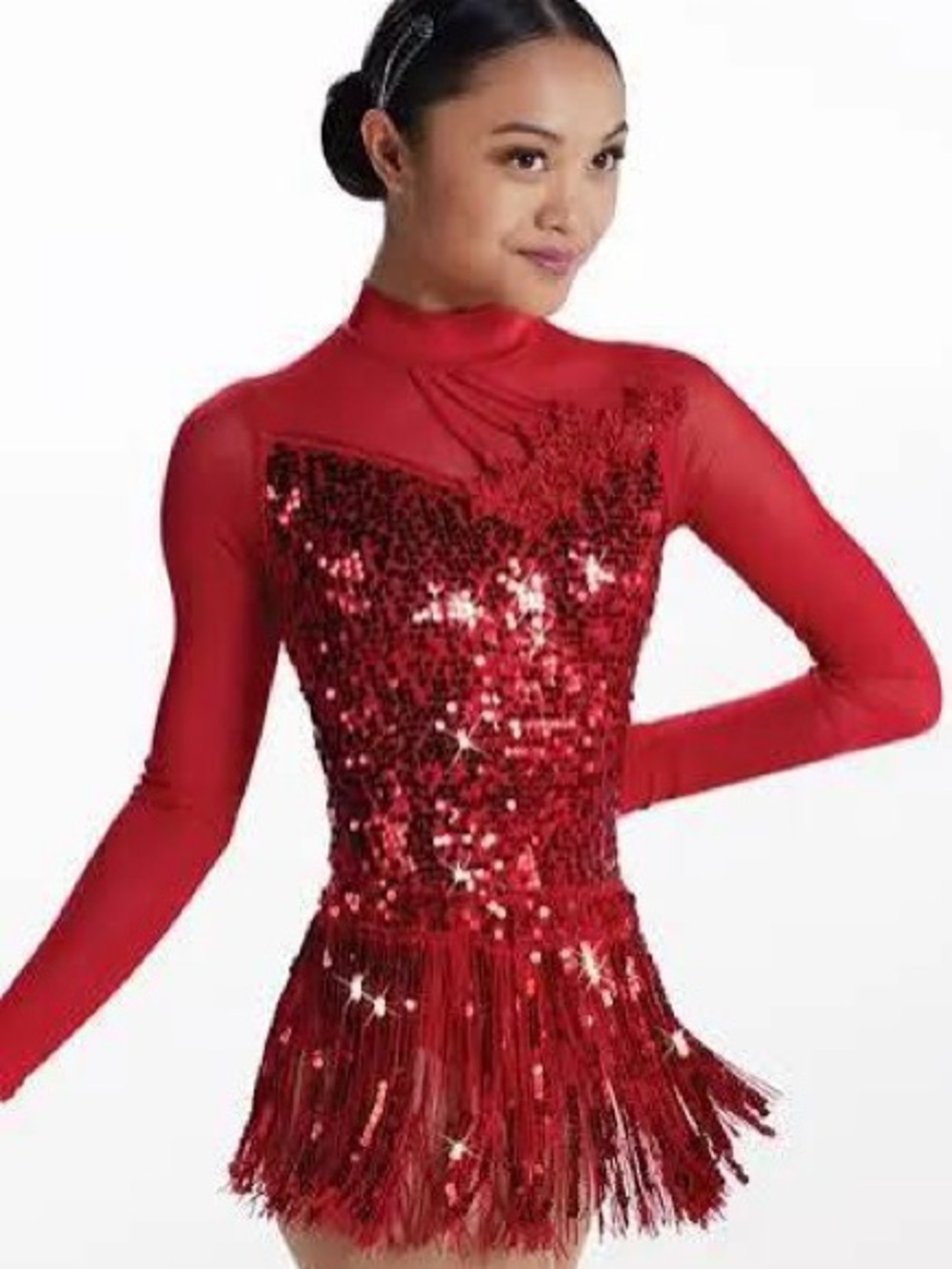 Weissman Red Sequin Fringe Long-Sleeve Jazz Dance Costume